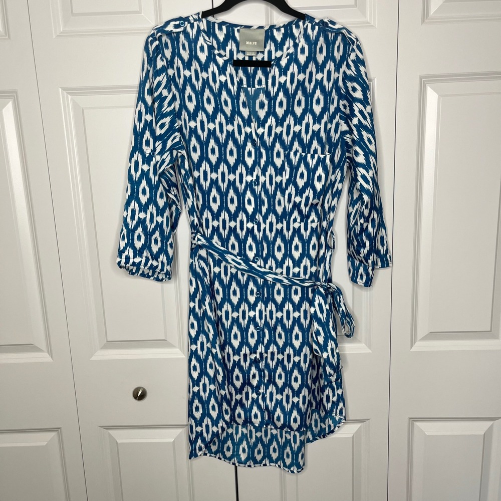 Maeve Anthropologie Dress Size Medium Blue White Ikat Tie Waist Mini - Picture 3 of 12